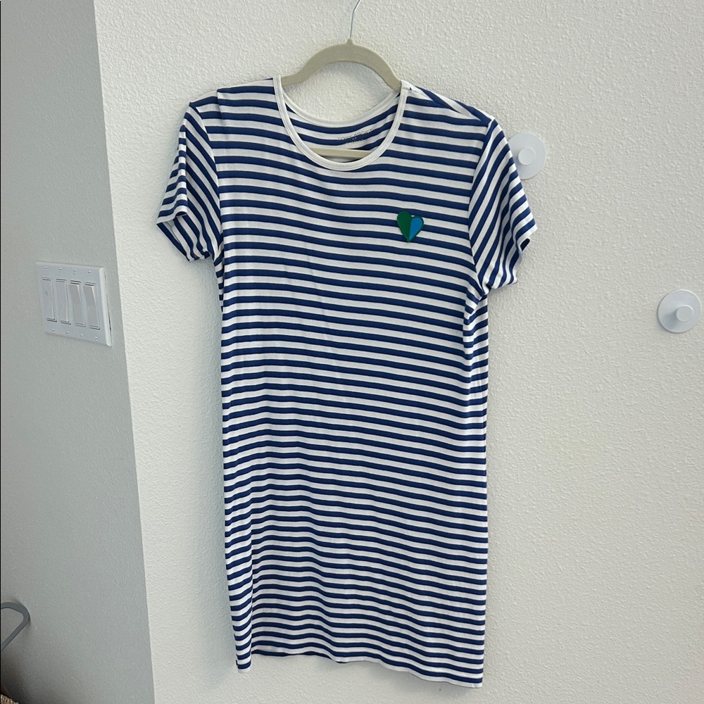 Tory Sport Navy & White Striped Tee Dress with Green Heart Patch